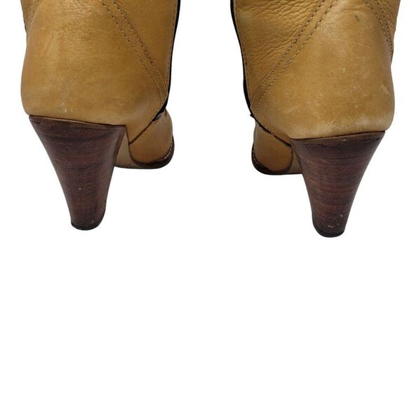 Vintage 70s Western Tan Knee-High Leather Boots Sz 3 Patchwork Stitching Heeled - Picture 14 of 16